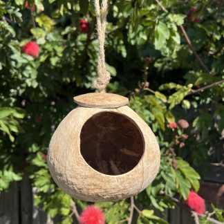 Coconut shell house with a hanging rope, a natural climbing hideaway for reptiles and birds